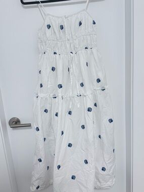 White Tiered Midi Dress with Blue Embroidery